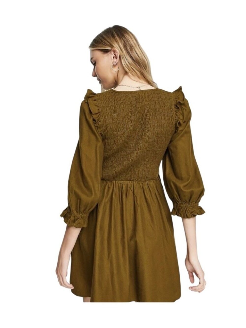 Madewell Flannel Lucie V-Neck Smocked Mini Dress Women’s Size M Green Babydoll - Picture 2 of 16